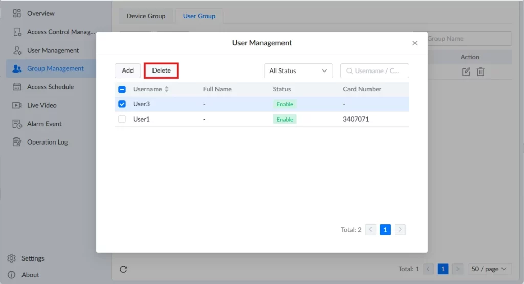 GDS Manager - Group Management - Delete User 2 - Documentation Center Modal titled 'User Management' with a user list; Delete button highlighted and ready to confirm deletion, two users shown.