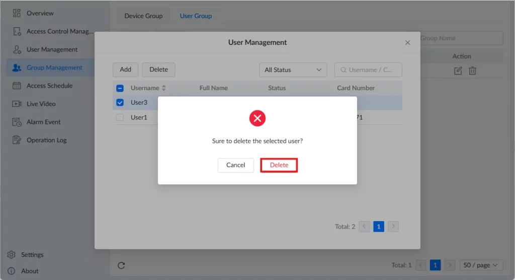 GDS Manager - Group Management - Delete User 3 - Documentation Center Dialog: Confirm deletion of selected user in User Management, with Cancel and Delete options.