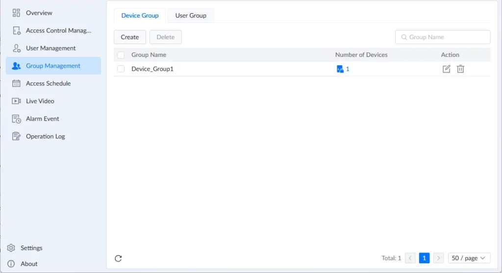 GDS Manager - Group Management - Device Group - Documentation Center Group Management screen with left navigation; shows a single device group named Device_Group1 and 1 device, with Create/Delete options and edit/delete actions on the row.
