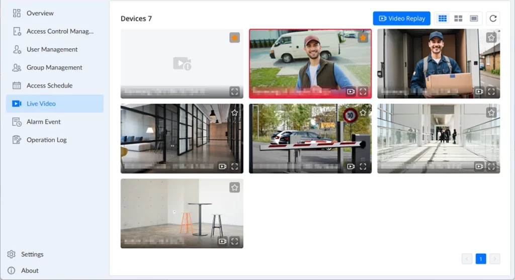 GDS Manager - Live Video - Documentation Center Dashboard showing seven live video feeds from security cameras in a grid layout.