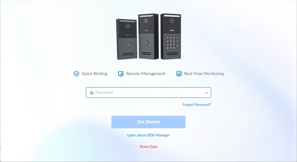 GDS Manager - Login - Documentation Center Login screen with three vertical devices at top, password field, and a blue Get Started button on a light gradient background