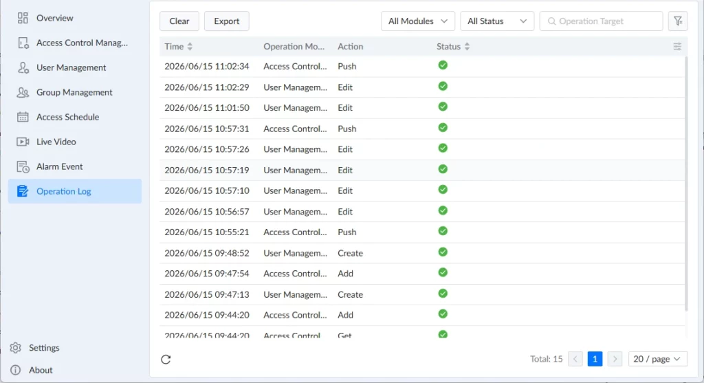 GDS Manager - Operation Log - Documentation Center UI screenshot of a software dashboard showing an Operation Log table with time, module, action, and green status icons; left sidebar shows navigation with 'Operation Log' selected; bottom pagination visible.