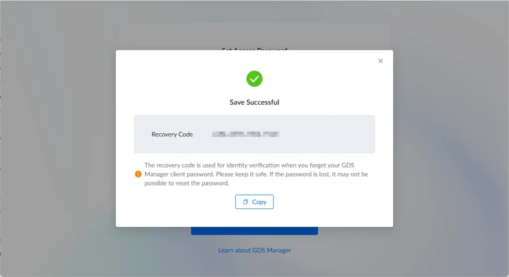 GDS Manager - Recovery Code - Documentation Center Modal confirms Save Successful with a green check, shows a masked Recovery Code and a Copy button on a blurred background.
