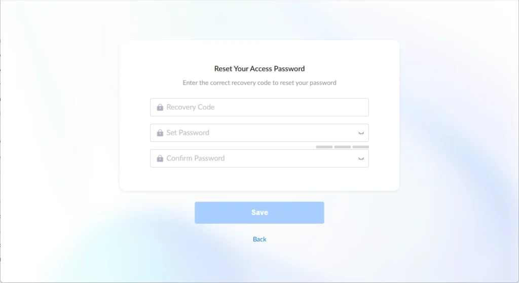 GDS Manager - Reset Access Password - Documentation Center Panel with 'Reset Your Access Password' form: fields for Recovery Code, Set Password, Confirm Password, and a blue Save button on a soft gradient background