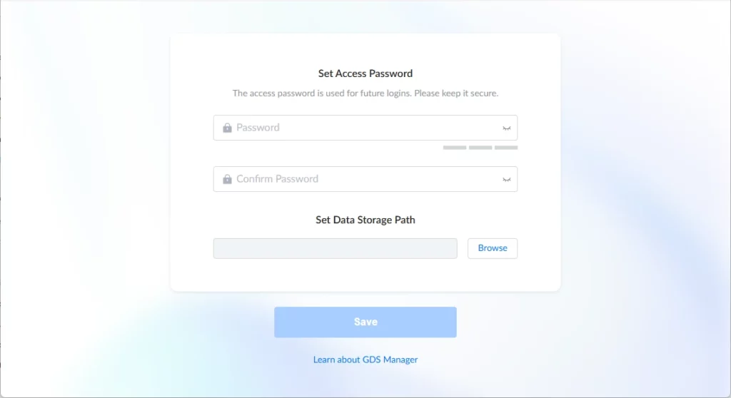 GDS Manager - Set Access Password Data Storage Path - Documentation Center Modal titled 'Set Access Password' with two password fields and a 'Set Data Storage Path' section, a Browse button, and a blue 'Save' button on a light gradient background