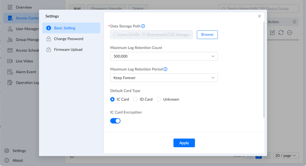 GDS Manager - Settings - Basic Setting - Documentation Center Settings dialog: Basic Setting with data path, retention count, and card options in a modal window