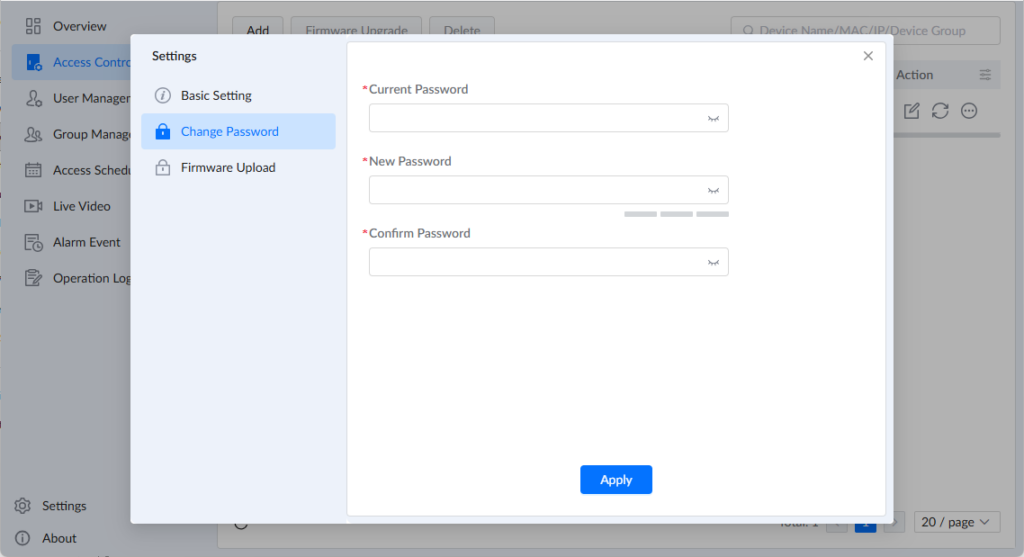 GDS Manager - Settings - Change Password - Documentation Center Settings dialog open on Change Password with fields for Current, New, Confirm Password and an Apply button