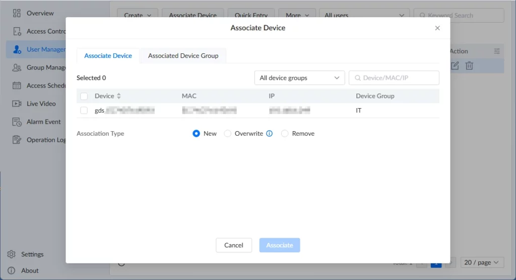 GDS Manager - User Management - Associate Device - Documentation Center Modal window titled'Associate Device' in a device management UI, showing a list of devices with MAC, IP, and Device Group, tabs for 'Associate Device' and 'Associated Device Group', and options for Association Type: New, Overwrite, or Remove, with Cancel and Associate buttons.