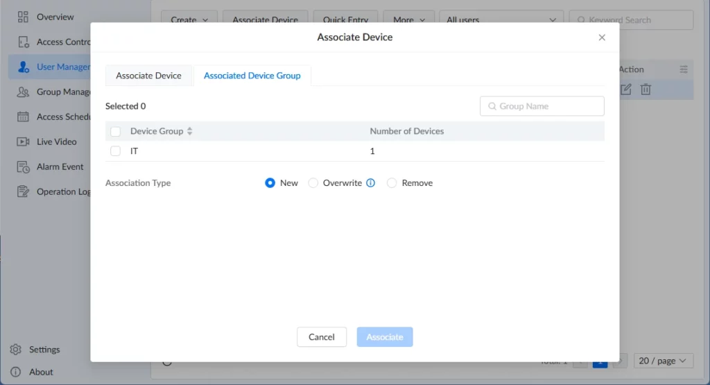 GDS Manager - User Management - Associated Device Group - Documentation Center Modal titled'Associate Device' with tabs 'Associate Device' and 'Associated Device Group'; shows a table with IT group (1 device) and radio options New, Overwrite, Remove; Cancel and Associate buttons at bottom.
