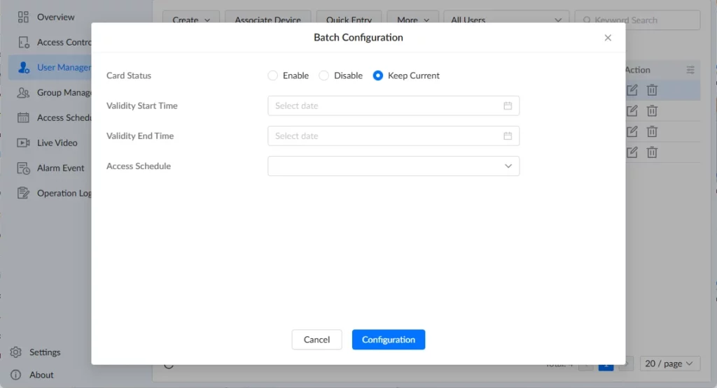 GDS Manager - User Management - Batch Configuration - Documentation Center Batch Configuration dialog: choose status (Enable, Disable, Keep Current) with start/end date fields and an Access Schedule dropdown.