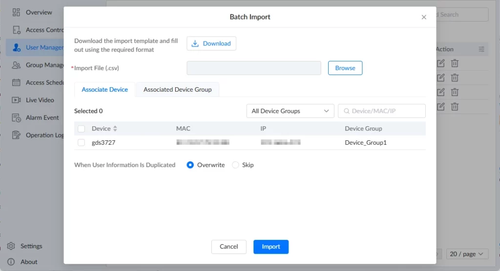 GDS Manager - User Management - Batch Import - Associate Device - Documentation Center Batch Import dialog in a web admin panel with Import File, Browse, and Import button