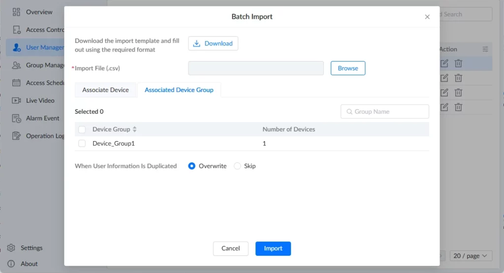 GDS Manager - User Management - Batch Import - Associated Device Group - Documentation Center Batch Import dialog with template download, file picker, and Import button; shows a Device Group list (Device_Group1, 1) and Overwrite on duplicate.