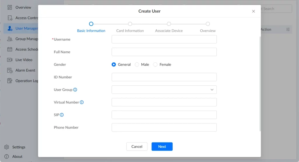 GDS Manager - User Management - Create User - Documentation Center Modal dialog titled 'Create User' with a multi-step form: fields for Username, Full Name, Gender (General/Male/Female), ID Number, User Group, Virtual Number, SIP, and Phone Number; buttons Cancel and Next; left navigation showing 'User Management'