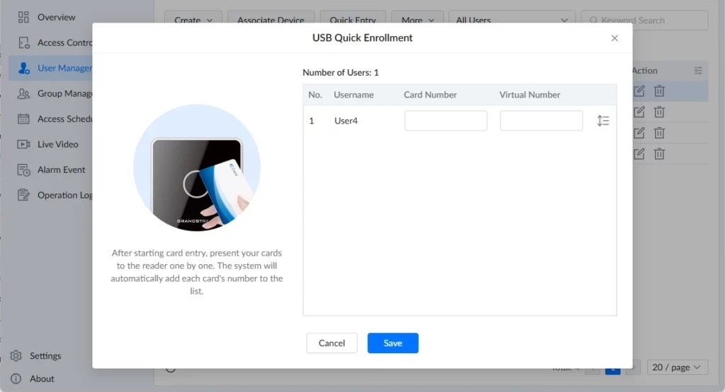 GDS Manager - User Management - Quick Entry - Documentation Center USB Quick Enrollment dialog showing one user entry with fields to enter card and virtual numbers and a Save button on bottom right.