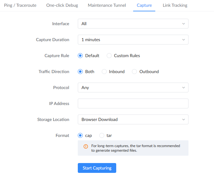 GWN7062ET Trace Capture - Documentation Center Capture settings panel showing Interface: All, Duration: 1 minute, Default capture rule, Both directions, Any protocol, IP address field, Storage Location: Browser Download, Format: cap, and Start Capturing button.