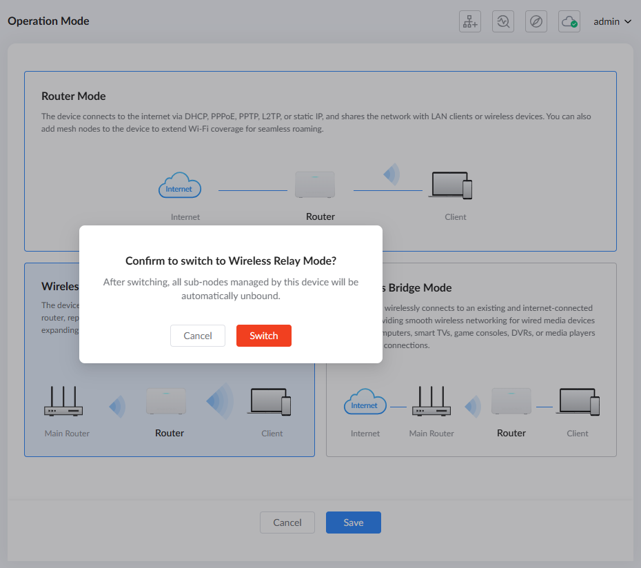 GWN7062ET Wireless Bridge Confirmation - Documentation Center Confirmation dialog: Switch to Wireless Relay Mode with note about unbinding sub-nodes; Cancel and Switch buttons shown over a network setup screen.