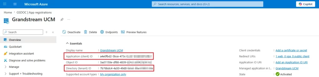 Grandstream_App_Registered - Documentation Center Azure App registrations: Grandstream UCM with client ID and tenant ID shown