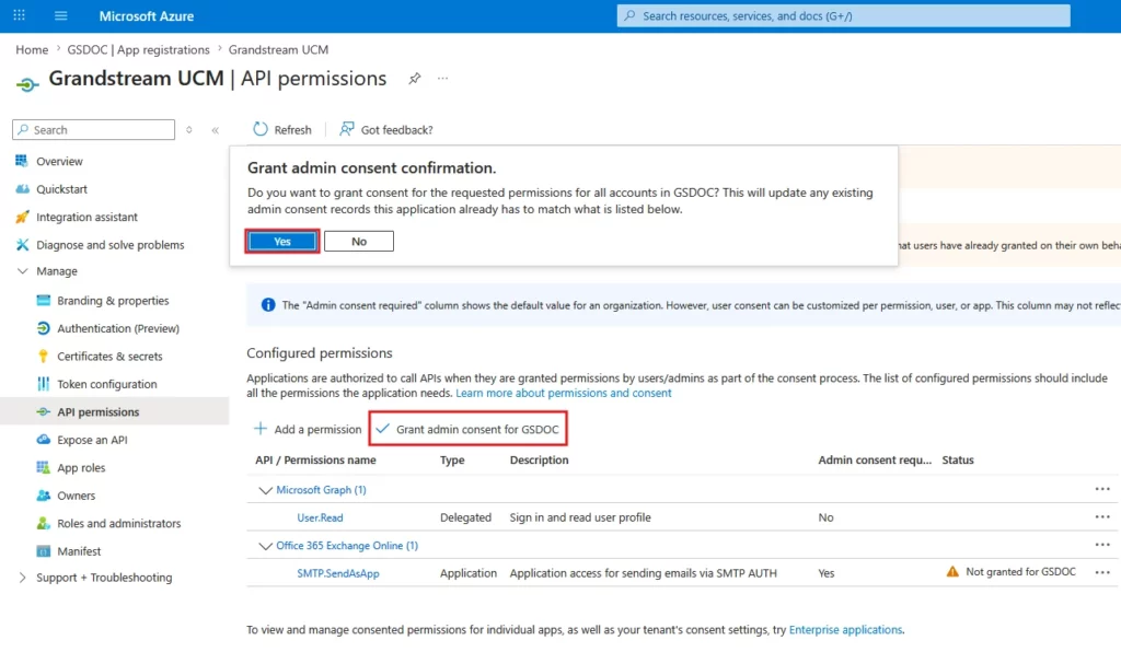 Grant_Admin_Consent - Documentation Center Azure portal Grandstream UCM API permissions page with grant admin consent confirmation dialog for GSDOC.