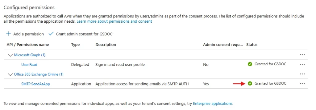 Granted_Admin_Consent - Documentation Center Screenshot of a permissions configuration page showing two API permissions: Microsoft Graph User.Read (Delegated) with sign-in access, Granted for GSDOC; and Office 365 Exchange Online SMTP.SendAsApp (Application) with SMTP access, Admin consent Yes, Granted for GSDOC.