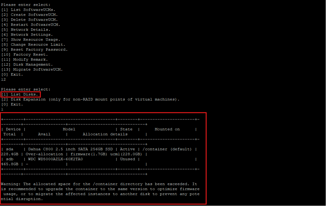 List_Disks_Option - Documentation Center Command-line menu for software and disk management, with a red-bordered disk layout showing two drives and a space warning.