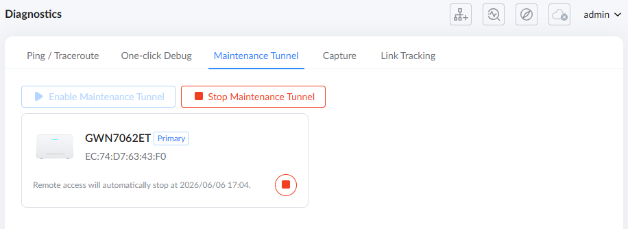 Maintenance Tunnel Enabled - Documentation Center Maintenance tunnel UI showing a single device card with Stop Maintenance Tunnel button and status text: Remote access will automatically stop at a date/time.