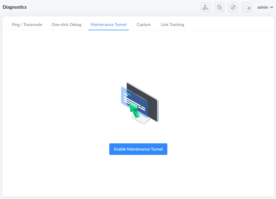 Maitnenance Tunnel - Documentation Center Diagnostics page with a central monitor/code illustration and a blue 'Enable Maintenance Tunnel' button at the bottom center of the panel.