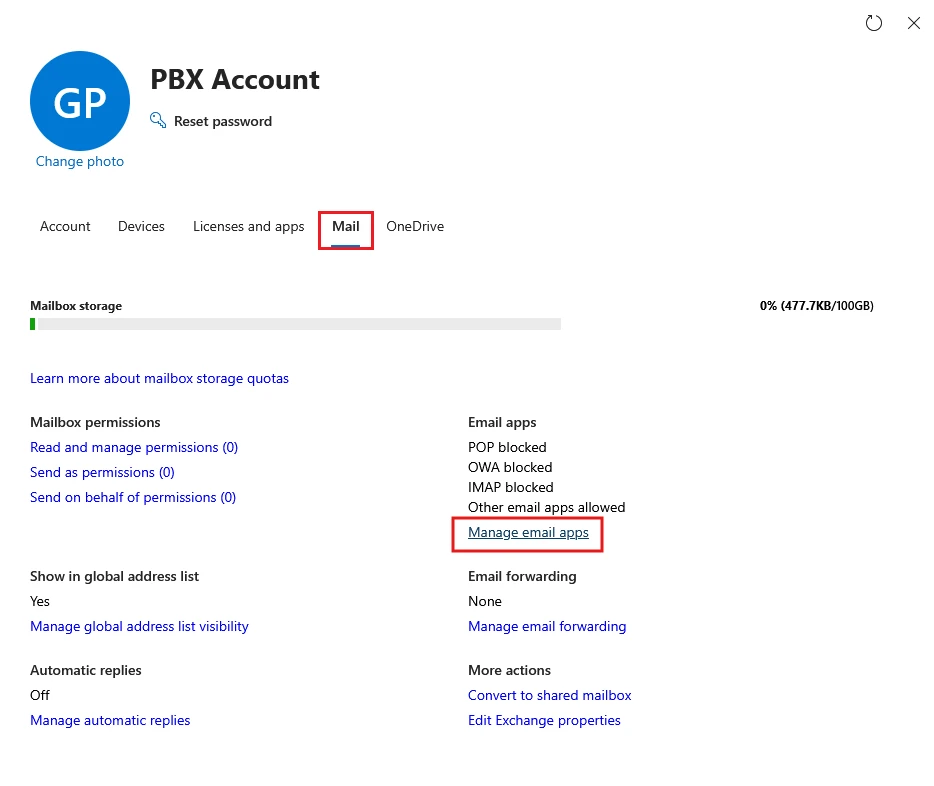 Manage_Email_Apps - Documentation Center Mailbox settings screen with Mail tab selected; 'Manage email apps' link highlighted below the list of mail options.