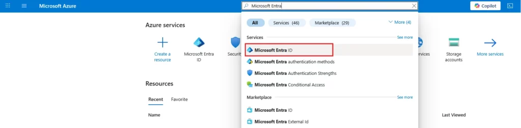 Microsoft_Entra_ID_Search - Documentation Center Screenshot of the Microsoft Azure portal homepage with a search dropdown open, showing Microsoft Entra ID highlighted in the results.