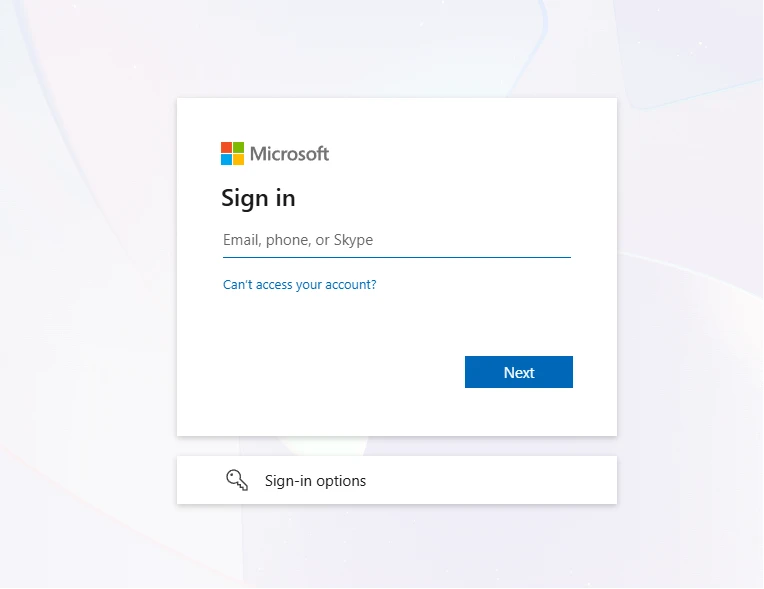 Microsoft_Login_Page - Documentation Center Microsoft sign-in dialog with email field and blue Next button on a light backdrop; 'Sign in' header and options below