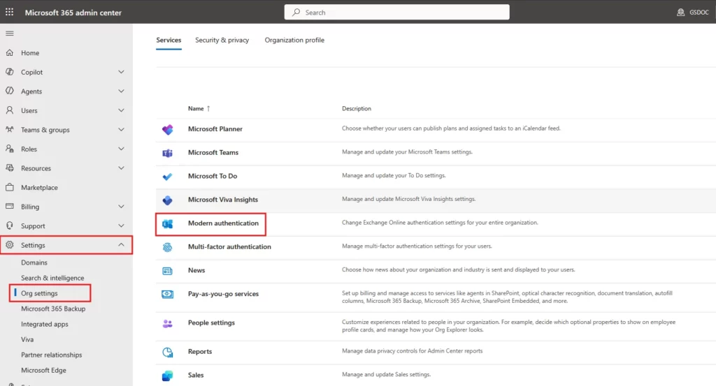 Modern_Authentication_Services - Documentation Center Microsoft 365 admin center: left nav Settings > Org settings highlighted; main list shows services, Modern authentication selected.