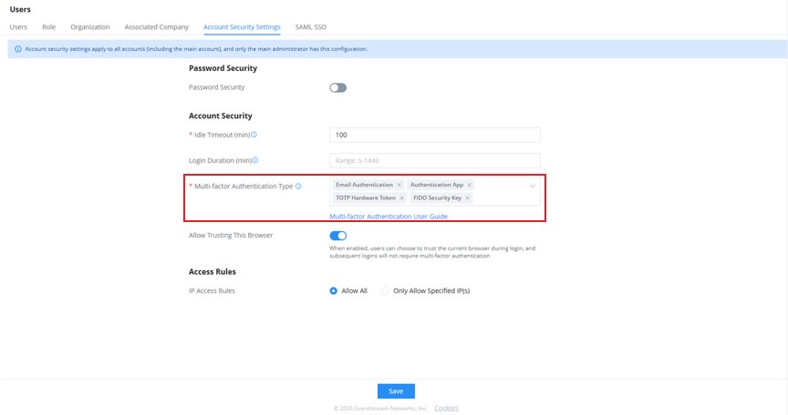 Multi-factor Authentication Type - Documentation Center Account Security Settings page showing Multi-factor Authentication options (Email, Authentication App, TOTP hardware token, FIDO Security Key), Idle Timeout set to 100, and login duration field; includes Trust This Browser toggle and Save button.