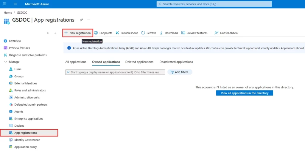 New_App_Registration - Documentation Center Azure portal: App registrations page (GSDOC) with the "New registration" button highlighted, ready to create a new app.