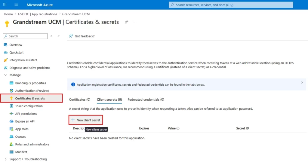 New_Client_Secret - Documentation Center Azure portal: Grandstream UCM, Certificates & secrets page with the "+ New client secret" action available.