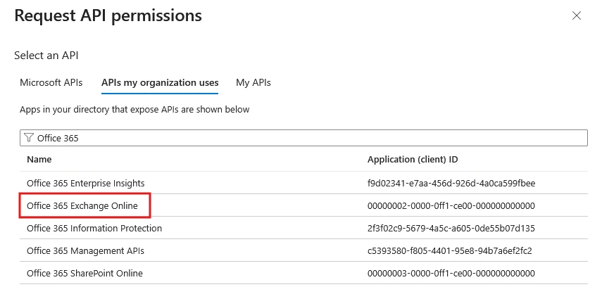 Office_365_Exchange_Online_Permissions - Documentation Center Dialog to request API permissions; shows a list of Office 365 apps with Exchange Online highlighted in red.
