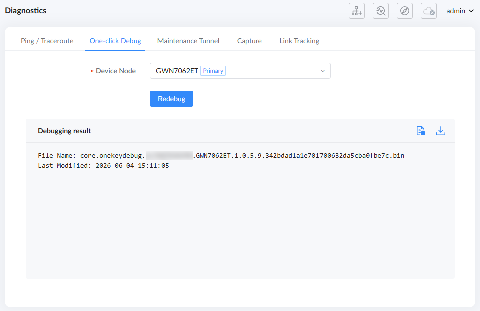One-click Debug - Documentation Center Diagnostics page showing one-click debug for device GWN7062ET; results panel lists the debug file name and last modified date.