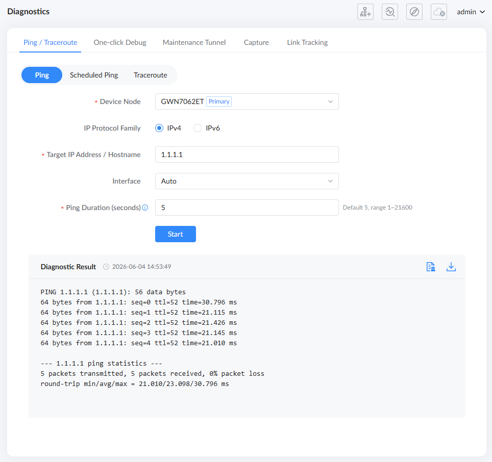 Ping Traceroute - Documentation Center Diagnostics interface showing Ping tab with fields: Device Node GWN7062ET, IPv4, Target IP 1.1.1.1, Auto interface, Ping Duration 5 seconds, and a Start button; below is the Diagnostic Result with ping outputs and statistics.