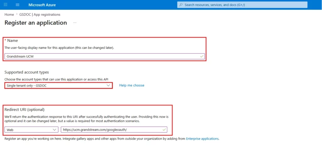 Registering_an_Application - Documentation Center Azure portal: Register an application form showing Name, account type, and Redirect URI sections.
