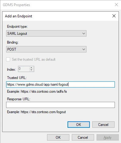 SAML_Logout_EndpointADFS - Documentation Center Dialog for adding a SAML Logout endpoint: Trusted URL shows https://www.gdms.cloud/app/saml/logout; Response URL field is empty (examples shown below).