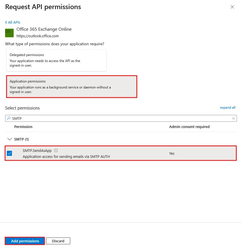 SMTP_App_Permission - Documentation Center Dialog to request API permissions for Office 365 Exchange Online, highlighting Application permissions and SMTP.SendAsApp.