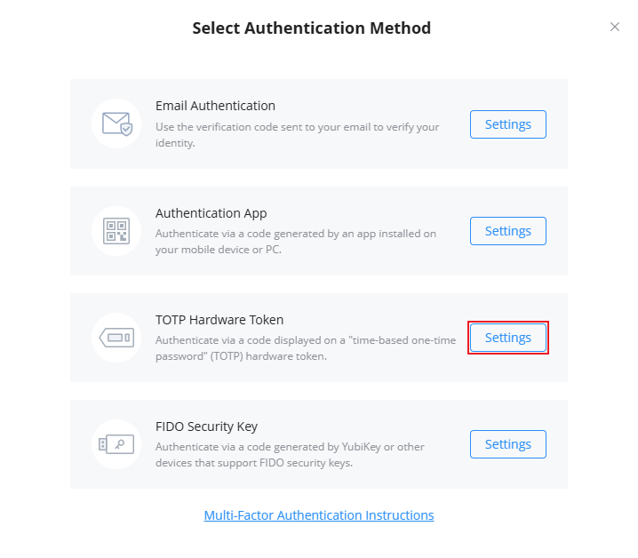 TOTP Hardware Token - Documentation Center Modal titled 'Select Authentication Method' with four options: Email Authentication, Authentication App, TOTP Hardware Token, FIDO Security Key, each row has a Settings button.