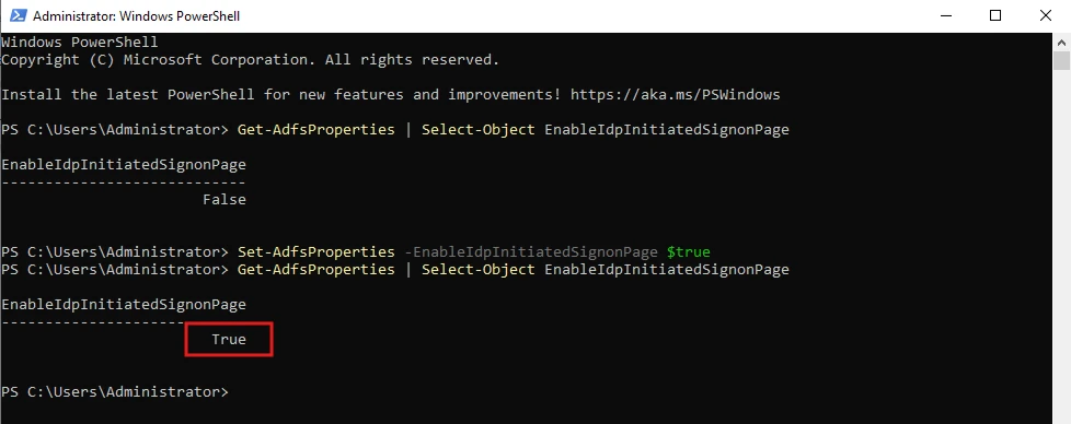 True_Idp_Initiated_LoginADFS - Documentation Center PowerShell session showing enablement of IdInitiatedSignonPage: initially False, then set to True with output True in the console.