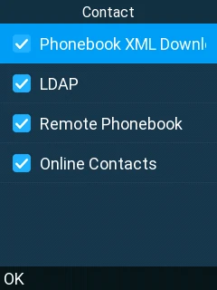 WP8x6 -Batch Deployment - Deploy Profile - Contacts - Documentation Center Contact settings screen showing four enabled sources: Phonebook XML Download, LDAP, Remote Phonebook, Online Contacts (all checked).