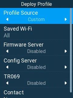 WP8x6 -Batch Deployment - Deploy Profile - Documentation Center Deploy Profile menu showing items: Profile Source (Custom) selected, Saved Wi‑Fi (All), Firmware Server Disabled, Config Server Disabled, TR069 Disabled, Contact; vertical scrollbar on the right