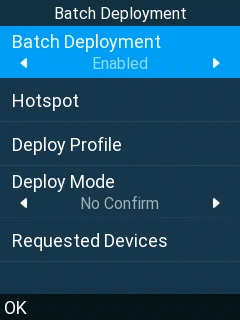 WP8x6 -Batch Deployment - Enabled - Documentation Center Settings showing Batch Deployment: Enabled; options Hotspot, Deploy Profile, Deploy Mode (No Confirm), Requested Devices, OK.