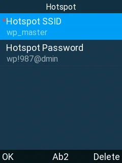 WP8x6 -Batch Deployment - Hotspot - Documentation Center Hotspot settings screen with SSID wp_master selected and password wp!987@dmin; bottom options OK, Ab2, Delete.