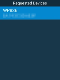 WP8x6 - Batch Deployment - Requested Devices - Documentation Center Screen showing a 'Requested Devices' list; the first item is WP836 highlighted in blue with blurred details.