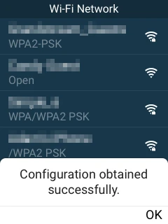 WP8x6 - Batch Deployment - Success Promt - Documentation Center Android Wi‑Fi settings: list of networks with icons, and a toast 'Configuration obtained successfully.'