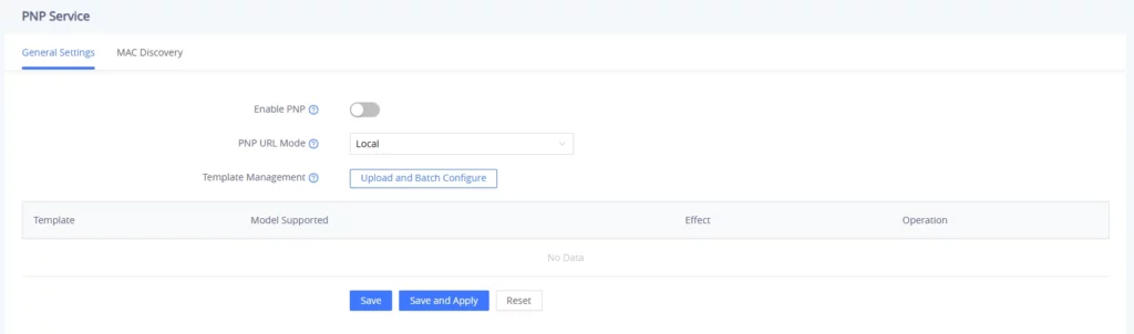 WP8x6 - PNP Service - Documentation Center PNP Service—General Settings tab: Enable PNP off, PNP URL Mode Local, and Upload and Batch Configure button.