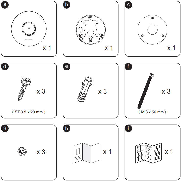 image - Documentation Center Illustration of assembly kit parts labeled a–i with quantities: a circular disk base x1, b round mounting plate x1, c circular ring x1, d threaded screw x3, e wall anchor x3, f M3x50 mm screw x3, g nut x3, h folded instruction sheet x1, i open brochure x1.