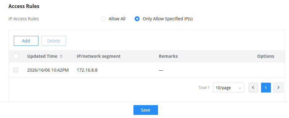 Access Rules panel showing one rule for IP 172.16.8.8 with options to Add, Delete, and Save changes.